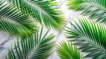 Obraz premium Summer Palm Leaves Marble Texture Pastel Gray Background Flat Lay Photography - Long Exposure Image