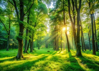 Sunlit Forest Clearing, Serene Nature Scene, Lush Green Grass, Sunlight Through Trees, Peaceful Woodland