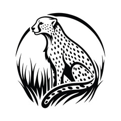 Silhouette Cheetah Sitting in Grass, Black and White Minimalist Logo, Feline Wildcat