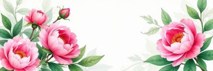 Fototapeta premium Delicate watercolor roses & peonies, lush green leaves, roses, pattern, nature