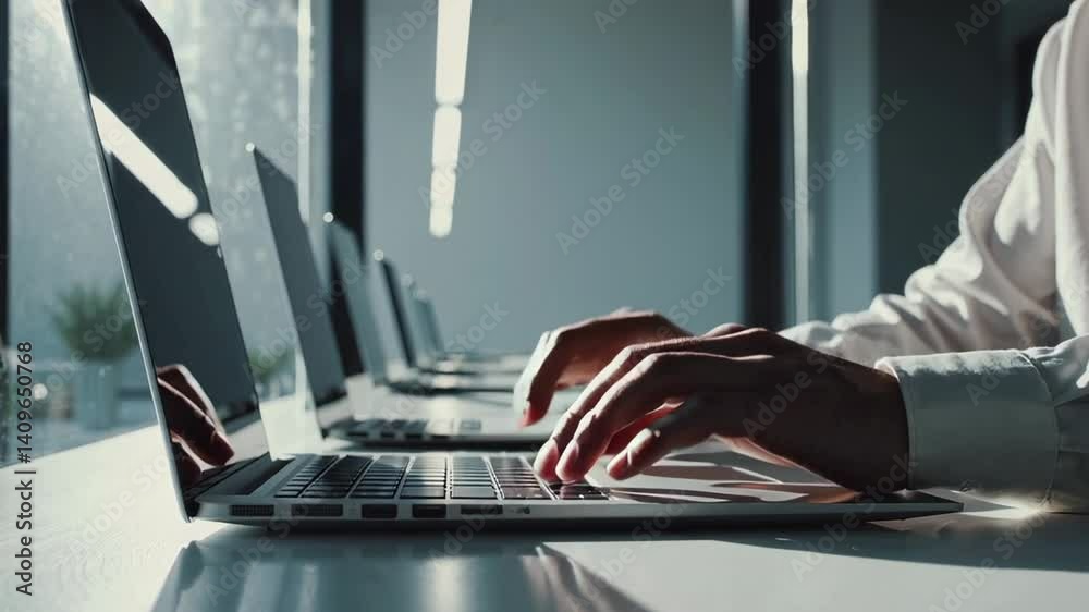 Leinwandbilder sunlight illuminates an office worker's hands as they skillfully type on a laptop keyboard, surround