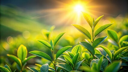Surreal Green Tea Leaves Morning Light Photography - Blurry Background, Text Space