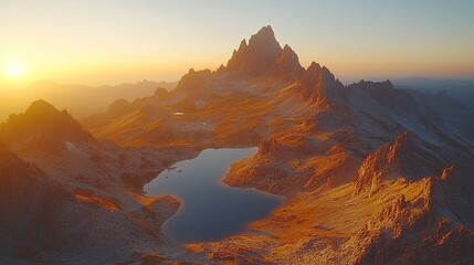 Naklejka premium Rugged peaks bathed in warm dawn hues under clear sky, dramatic high-altitude view, sharp shadows, cinematic natural scene 