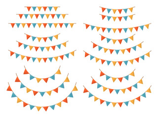 Festive flag garlands triangle buntings isolated on white background for carnival birthday circus aesthetics packaging design greeting cards