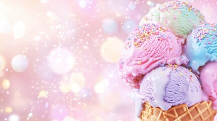 Fototapeta premium Rainbow Ice Cream Cone Dreamscape: a vibrant array of pastel ice cream scoops cascade from a crispy cone, shimmering with a sprinkle of sugary delight against a dreamy background.