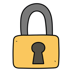 Hand drawn cartoon closed yellow padlock on white background.