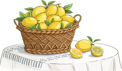 Lemon with Lemon Slice in basket on table in white background vector design, Lemon vector design
