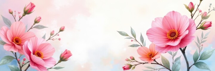 Fototapeta premium Pastel watercolor floral painting, delicate blooms, bright, watercolor, blossom
