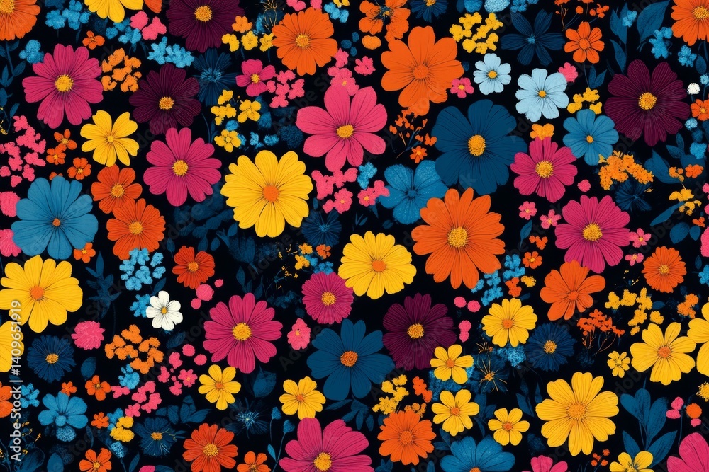 Fototapete vibrant seamless pattern featuring colorful flowers on a dark background, creating a cheerful and li
