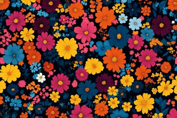 Vibrant seamless pattern featuring colorful flowers on a dark background, creating a cheerful and lively design