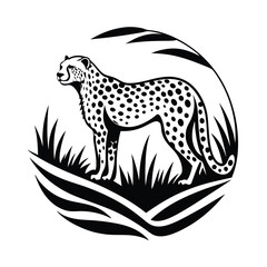 Silhouette Cheetah Standing Side Profile with Grassy Enclosure in Black and White Design