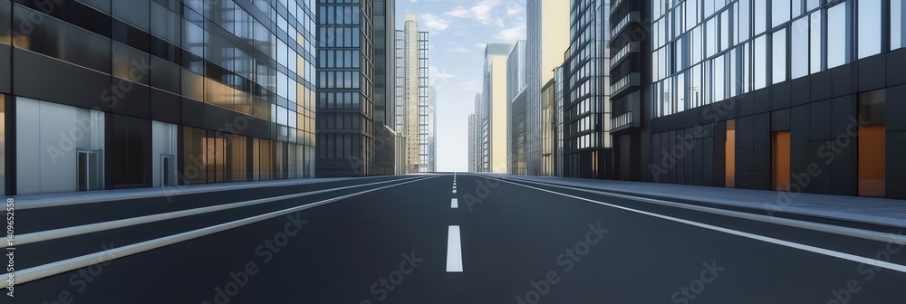 Poster 都市の通りを走る遠近法でアスファルトの道と高層ビルの風景 青い空と昼間の光のモダンな建築スタイル