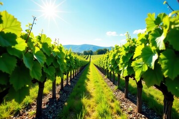 Naklejka premium Sun-drenched vineyard with rows of lush vines, wine production, grapes, vineyard plantation