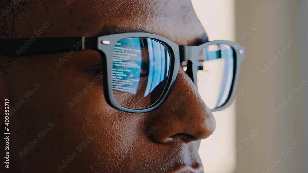 Aufkleber Programmer wearing glasses reflecting lines of code, demonstrating deep concentration while exploring cutting edge augmented reality technology in software development workspace