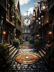 A cobblestone street with clock faces and a large clock tower in a fantasy city scene view