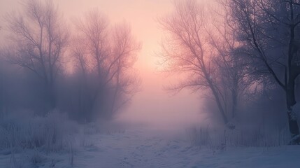 Pastel winter sunrise through a misty forest path.