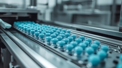 Close up view of light blue pills moving along a stainless steel conveyor belt in a pharmaceutical factory.