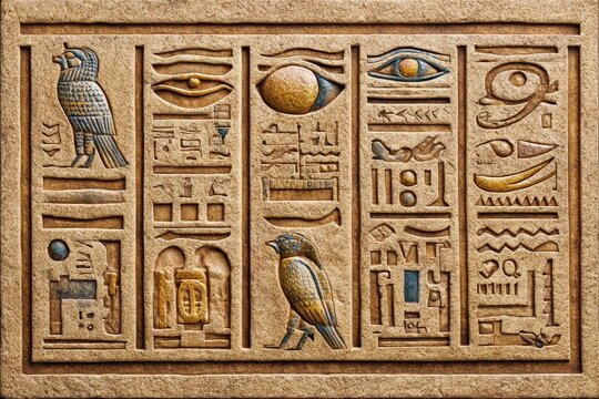 Ancient Stone Carving with Hieroglyphs and Bird Imagery