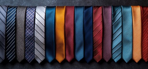 Colorful ties arranged on flat dark surface, could be for fashion store