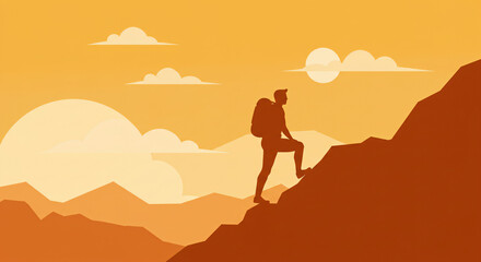 silhouette of a man climbing mountain, summit, 2d, graphics design, illustration