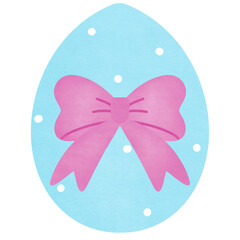 Ester egg in blue with a pink bow, watercolor, isolated on transparent background