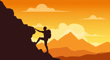 silhouette of a man climbing mountain, summit, 2d, graphics design, illustration