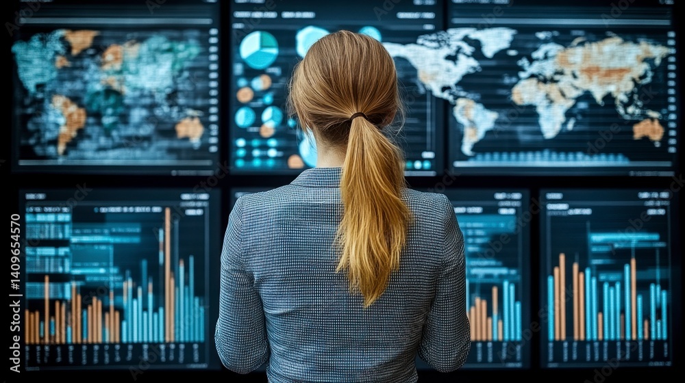 Poster woman reviewing data on multiple screens displaying graphs and maps.