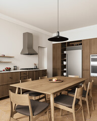 This is a beautifully designed modern kitchen and dining area featuring an elegant aesthetic