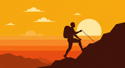 silhouette of a man climbing mountain, summit, 2d, graphics design, illustration