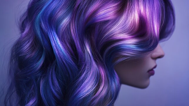 Vibrant purple and blue highlights on wavy hair.