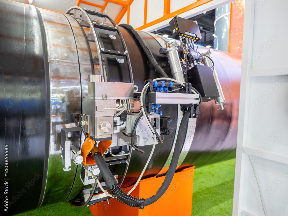 Poster pipeline production. robot for pipe welding. fragment pipeline at time of automatic production. robo