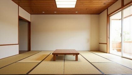 A serene Japanese room with tatami flooring and wooden accents  