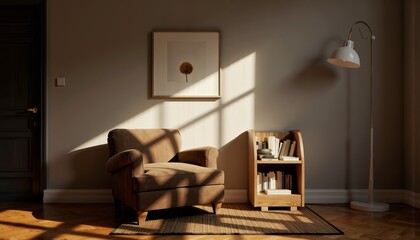 Cozy armchair with sunlight casting shadows in a minimalist room  