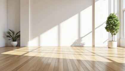 Fototapeta premium Bright empty room with wooden floor and potted plants 