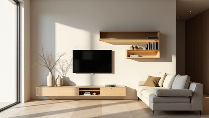 Inviting modern minimalist living room space with cozy furniture and soft textiles for a comfortable atmosphere