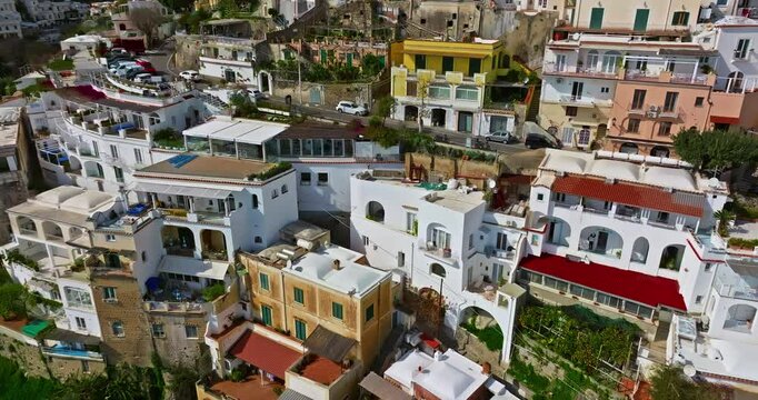 Positano. Amalfi coast. Italy. Incredible colors and views. View from above. Buildings and landmarks of Positano. Drone view of Positano. The most beautiful place. Flying above colorful houses