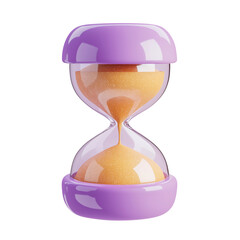 purple hourglass with sand 3d render icon in cartoon plastic style minimal isolated on transparent white background, clipping path