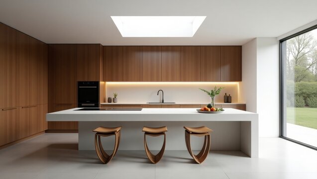 Bright ultramodern kitchen with skylight illuminating a stylish island and contemporary design features