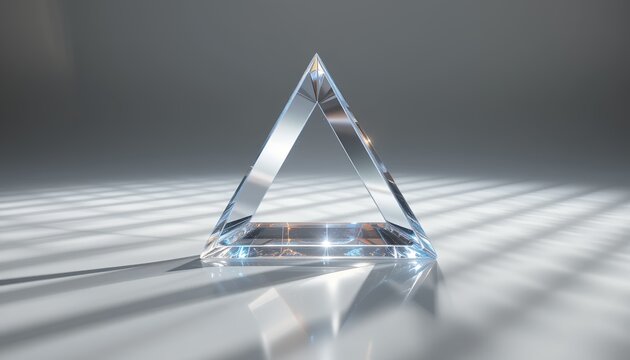 Sleek transparent glass pyramid on reflective base, geometric light refraction with crisp shadows, minimalist crystal art, AI-generated