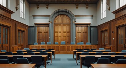 A council chamber with large wooden doors high ceilings and empty seats cinematic view background 