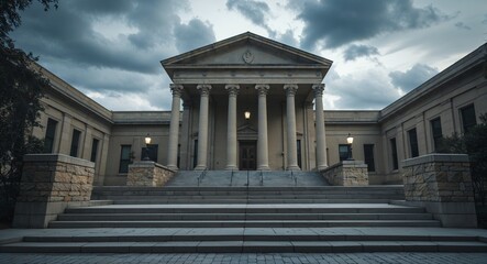 Fototapeta premium A courthouse with grand steps and stone walls under a cloudy sky cinematic view background 