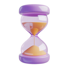 purple hourglass with sand 3d render icon in cartoon plastic style minimal isolated on transparent white background, clipping path