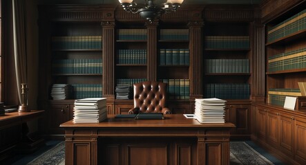 A legal office with wooden bookshelves stacks of files and a large desk under a dim light cinematic view background 