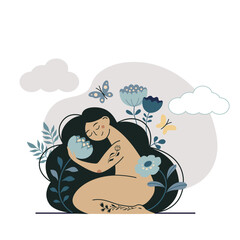 Cute cartoon girl among blooming flowers. Unity with nature and harmony. Calm and relaxation. Naked young woman with a plants. Summer vector illustration in a flat style.