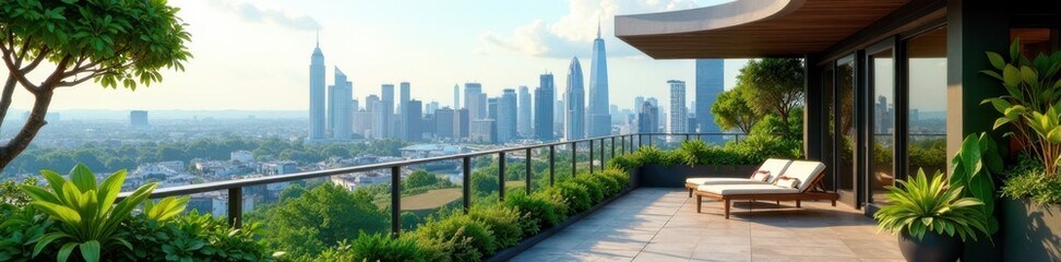Fototapeta premium Rooftop terrace with lush greenery and city skyline , urban oasis, luxury living