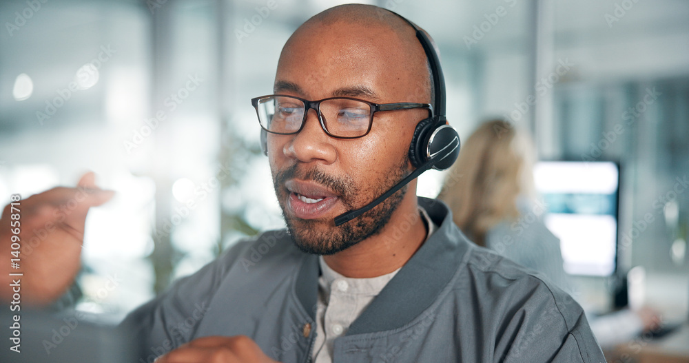 Poster Call center, communication and man with headset in office for contact us with crm. Talking, customer experience and technical support agent with audio tech for lead generation help with networking