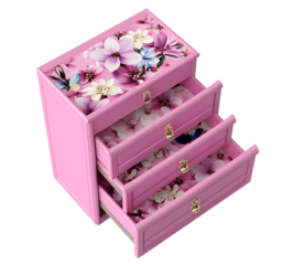  Designed plastic cabinet with five drawers, each featuring a floral pattern printed on the front, in a pink color combination with a white background.
