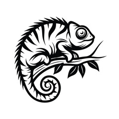 Striking Chameleon Silhouette Detailed Black Markings Perched on a Branch with Leaves