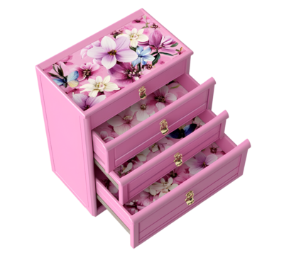  Designed plastic cabinet with five drawers, each featuring a floral pattern printed on the front, in a pink color combination with a white background.