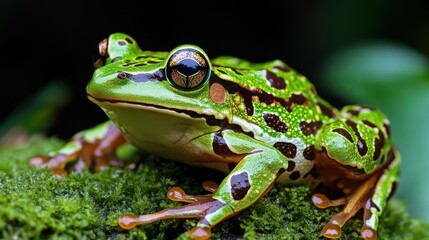 Fototapeta premium Vibrant green and black frog resting on moss.